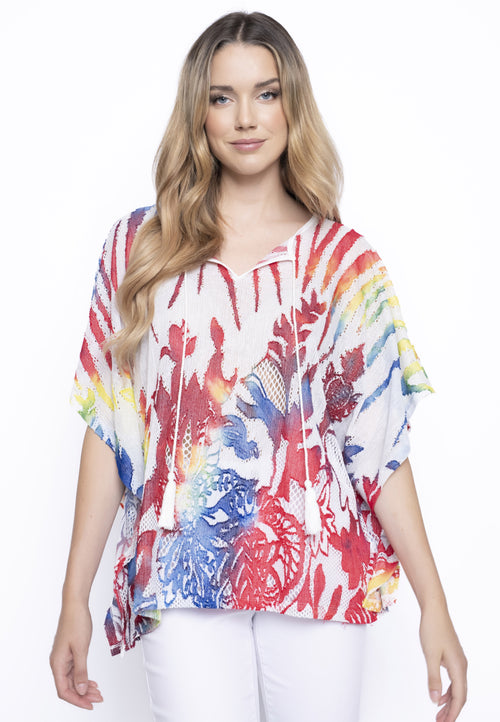 Vibrant Clipped Jacquard Poncho Style Top Front View