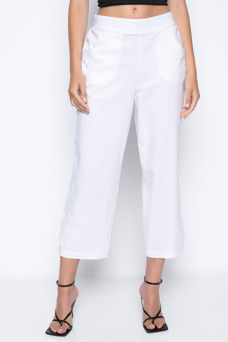 Button-Trim Wide-Leg Cropped Pants-White by Picadilly Canada