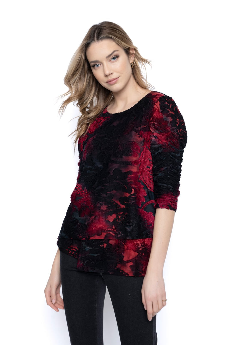 3/4 Ruched Sleeve Asymmetric Hem Top Front View