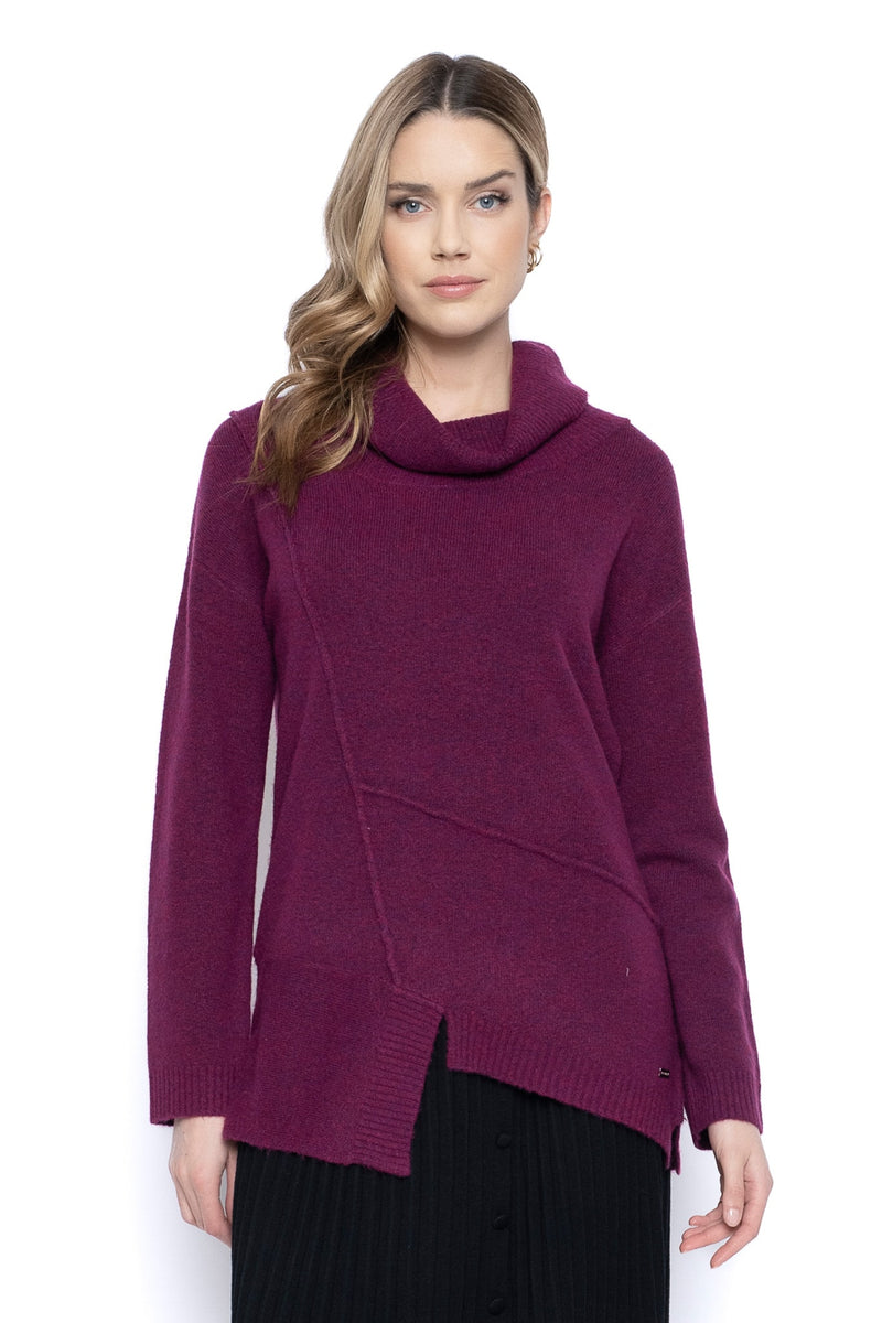Draped Neck Asymmetrical Sweater Top Magenta Front View