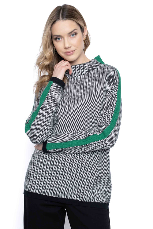 Mock Neck Stripe Trim Sweater Top Front View