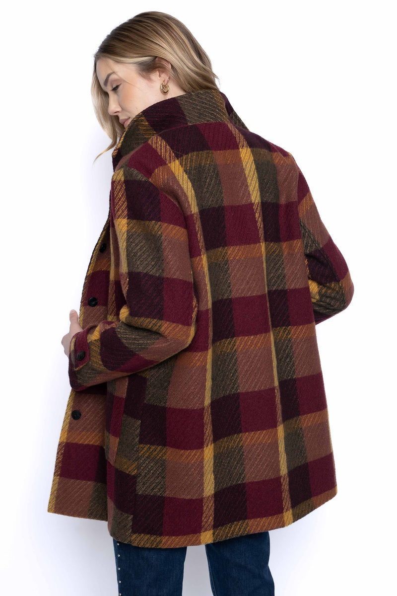 Button-Front Stand Collar Plaid Jacket Back View
