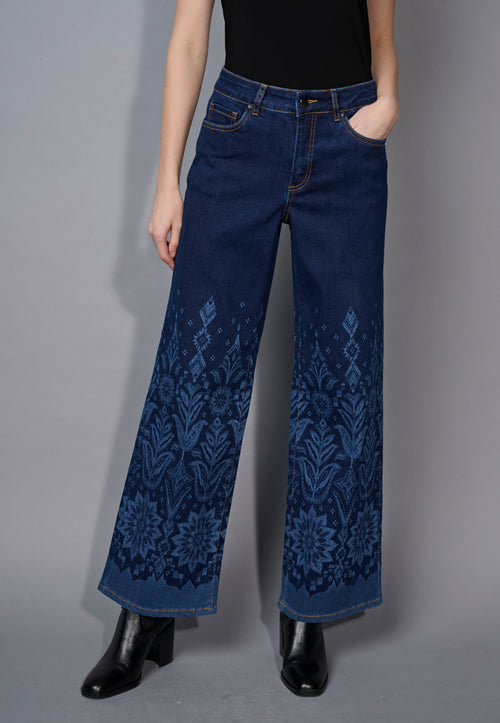 Printed Wide-Leg Full-Length Jeans Front View