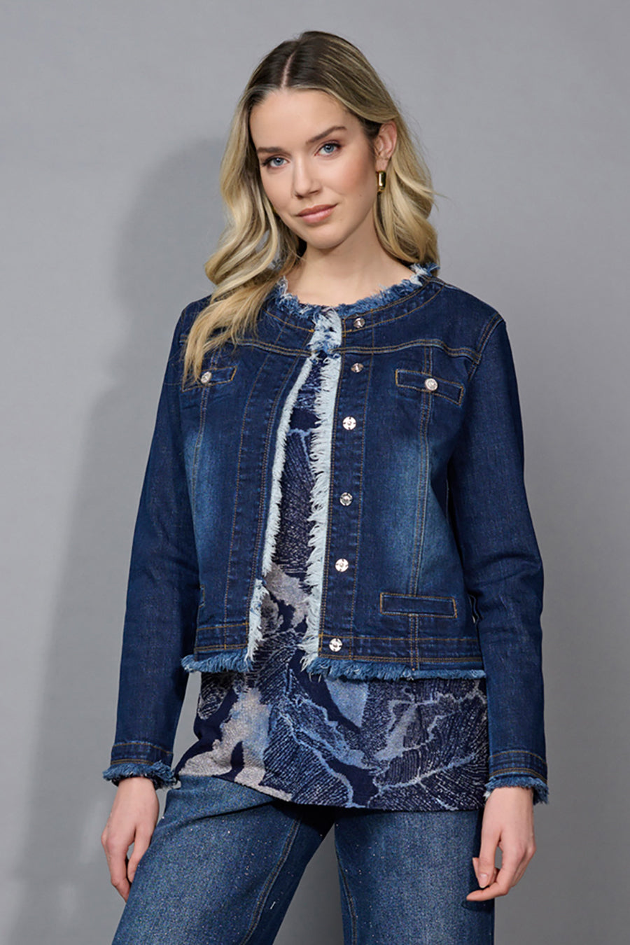 Collarless Frayed Edge Denim Jacket