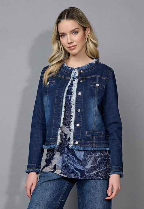 Collarless Frayed Edge Denim Jacket Front View