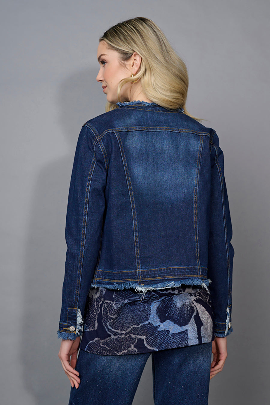 Collarless Frayed Edge Denim Jacket