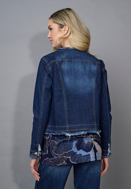 Collarless Frayed Edge Denim Jacket Back View