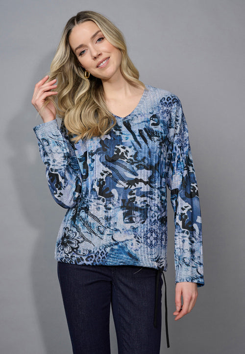 V-Neck Drawstring Hem Printed Top Front View