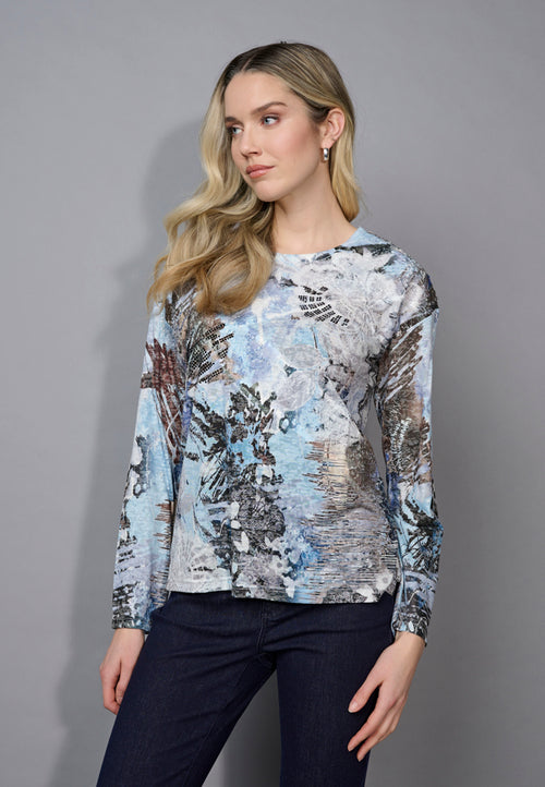 Floral Printed Crew-Neck Top With Rhinestones Front View