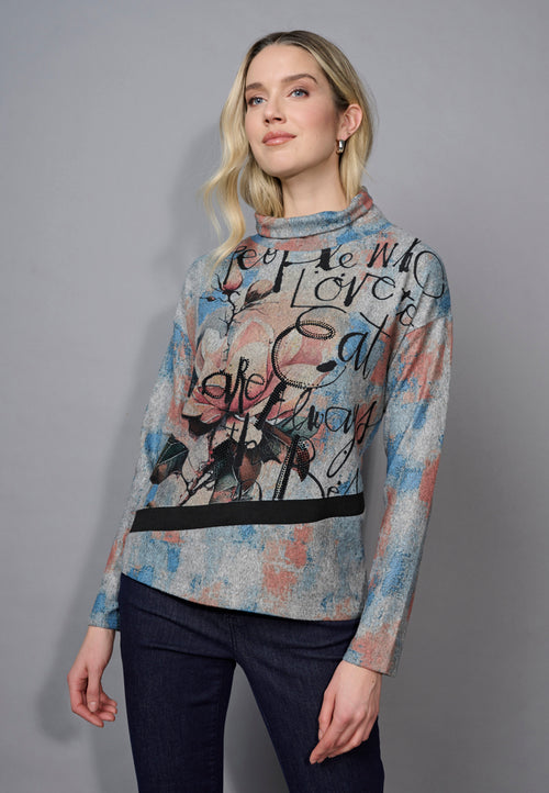 Draped Neck Scribble Printed Top Front View