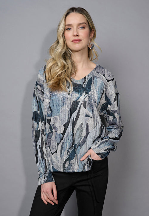 V-Neck Drawstring-Hem Embroidered Printed Top Front View