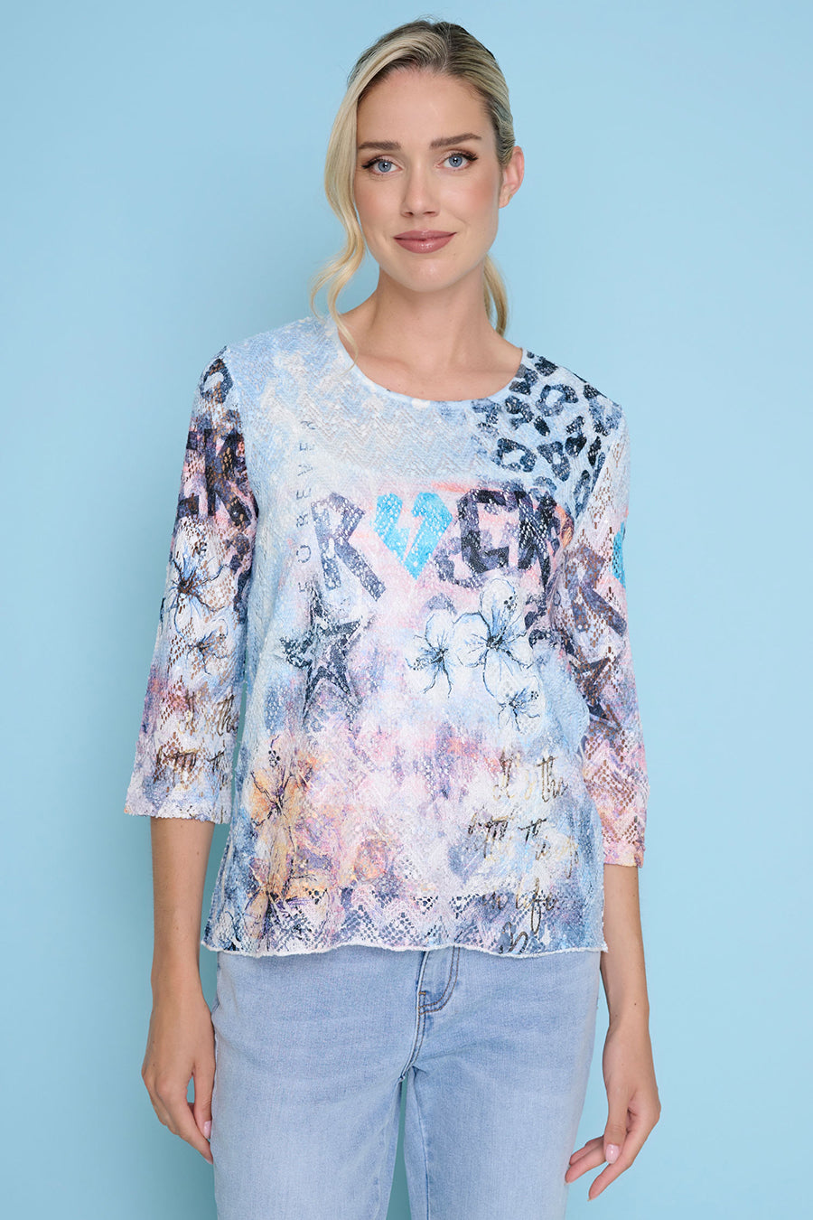 3/4 Sleeves Printed Top Front View