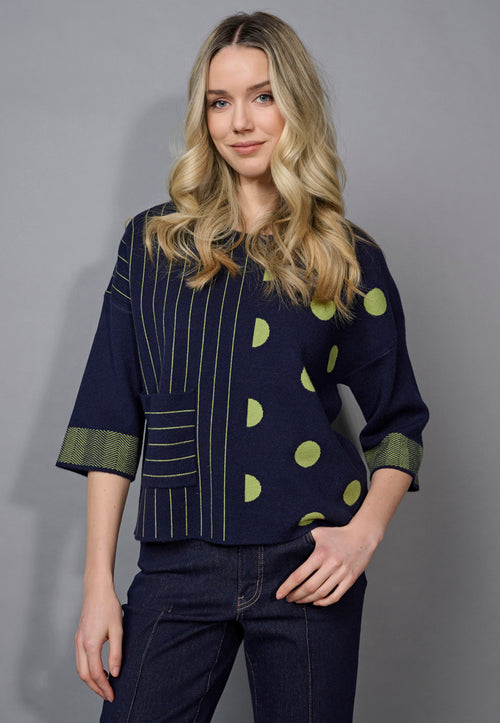 3/4 Sleeves Striped Polka-Dot Top Front View