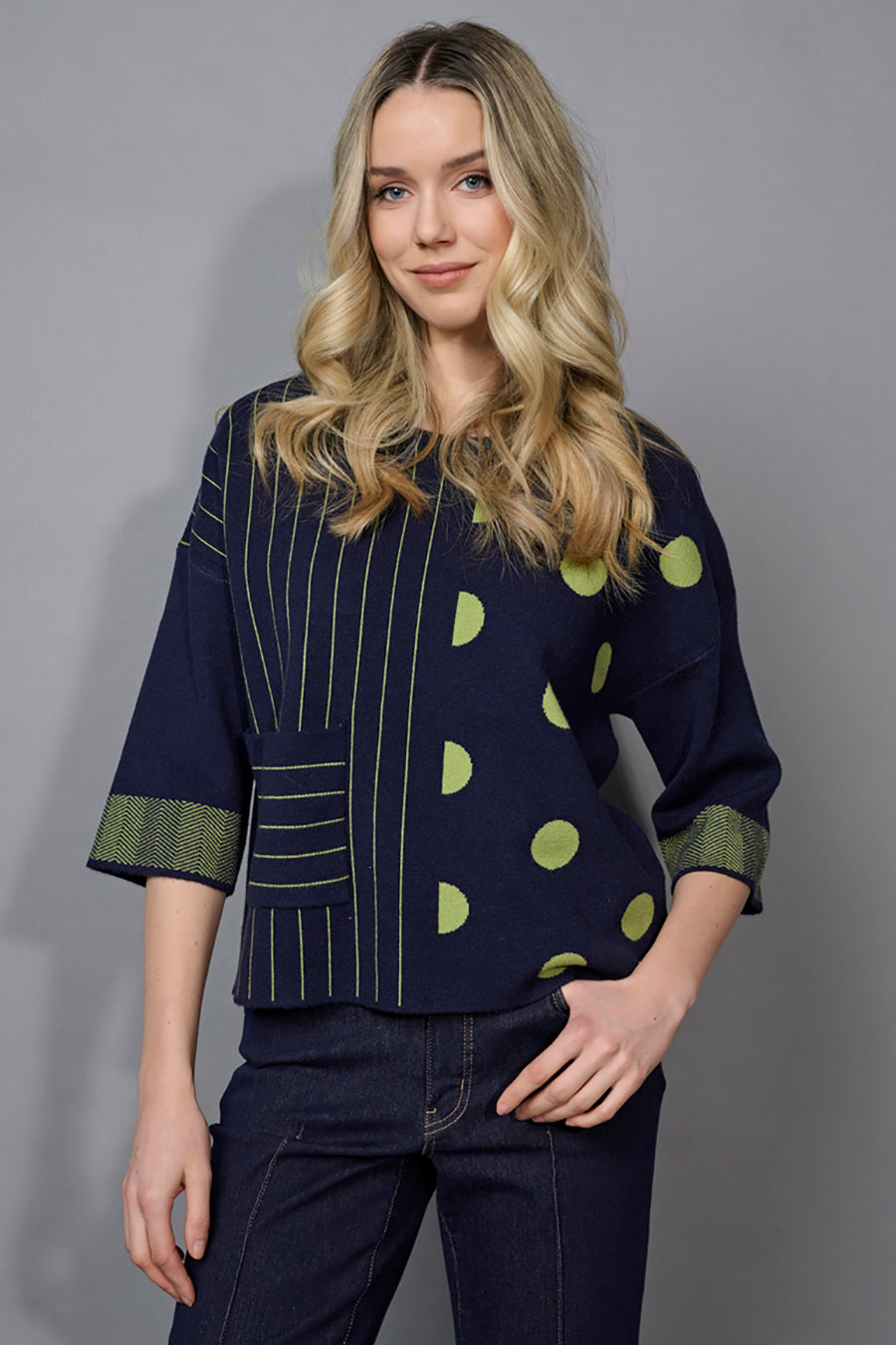 3/4 Sleeves Striped Polka-Dot Top