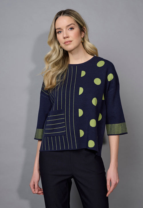 3/4 Sleeves Striped Polka-Dot Top Front View