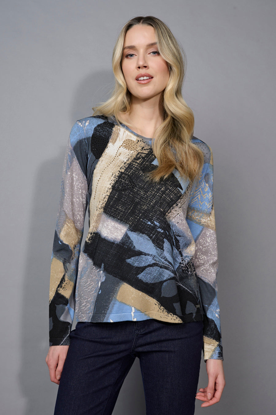 Crew-Neck Leaf-Printed Top