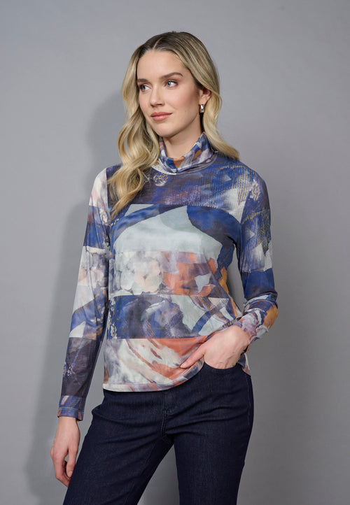 Mock-Neck Printed Mesh Top Front View