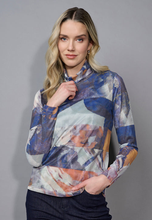 Mock-Neck Printed Mesh Top Front View