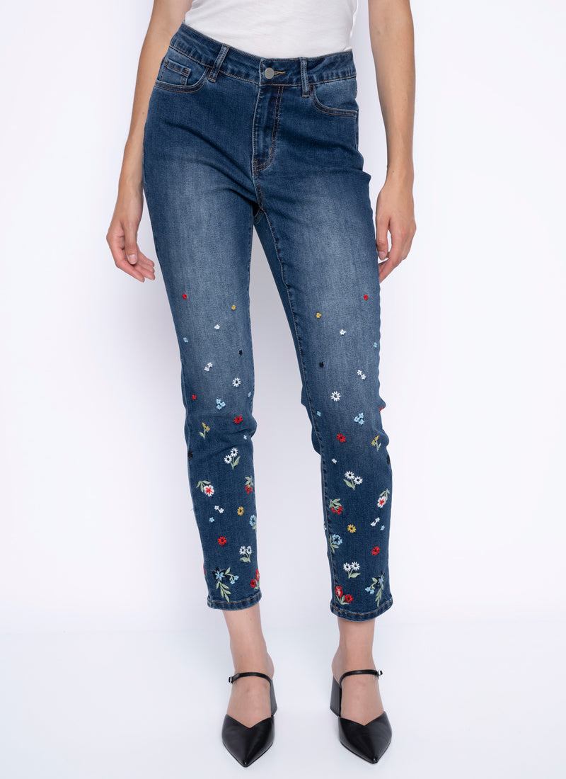 Flower Embroidered Ankle-Length Jeans Front View