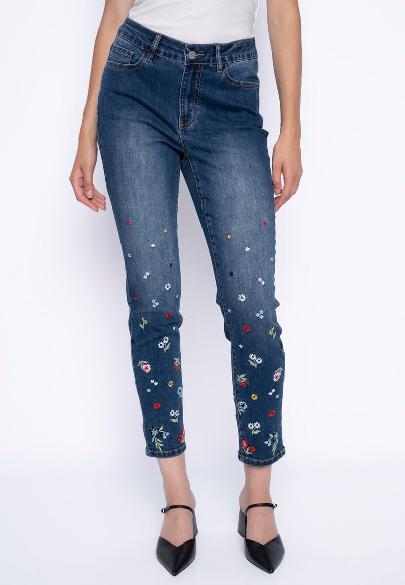 Flower Embroidered Ankle-Length Jeans Front View