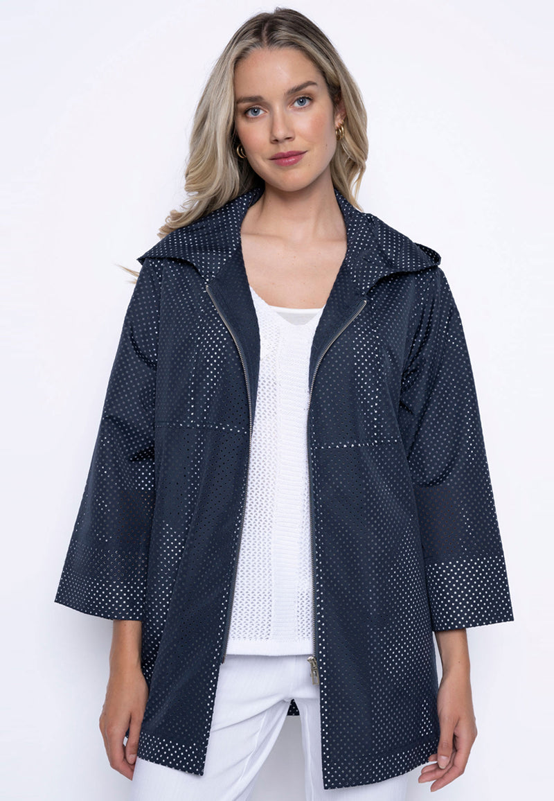 Hooded Perforated Long Jacket Front View