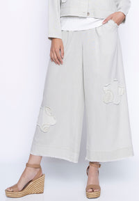 Faux Linen Embellished Wide-Leg Pants