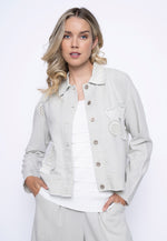 Button-Front Faux Linen Embellished Jacket Front View