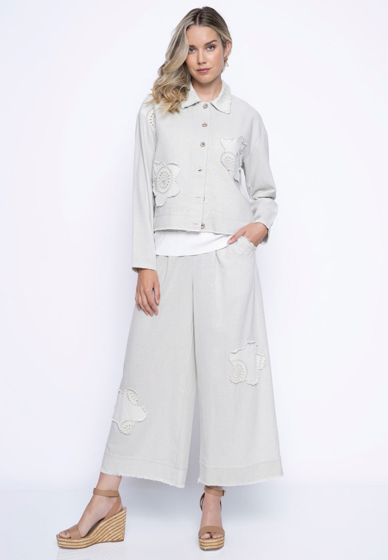 Button-Front Faux Linen Embellished Jacket Full Length