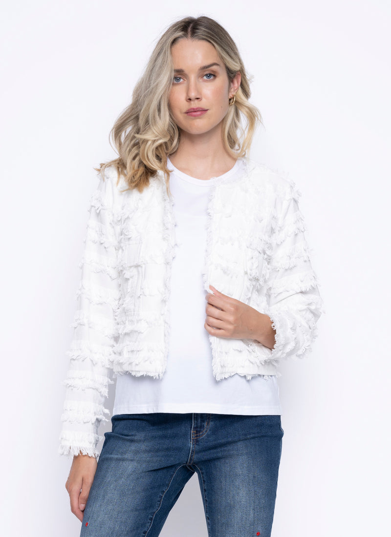 Collarless Fringed Jacket Front View