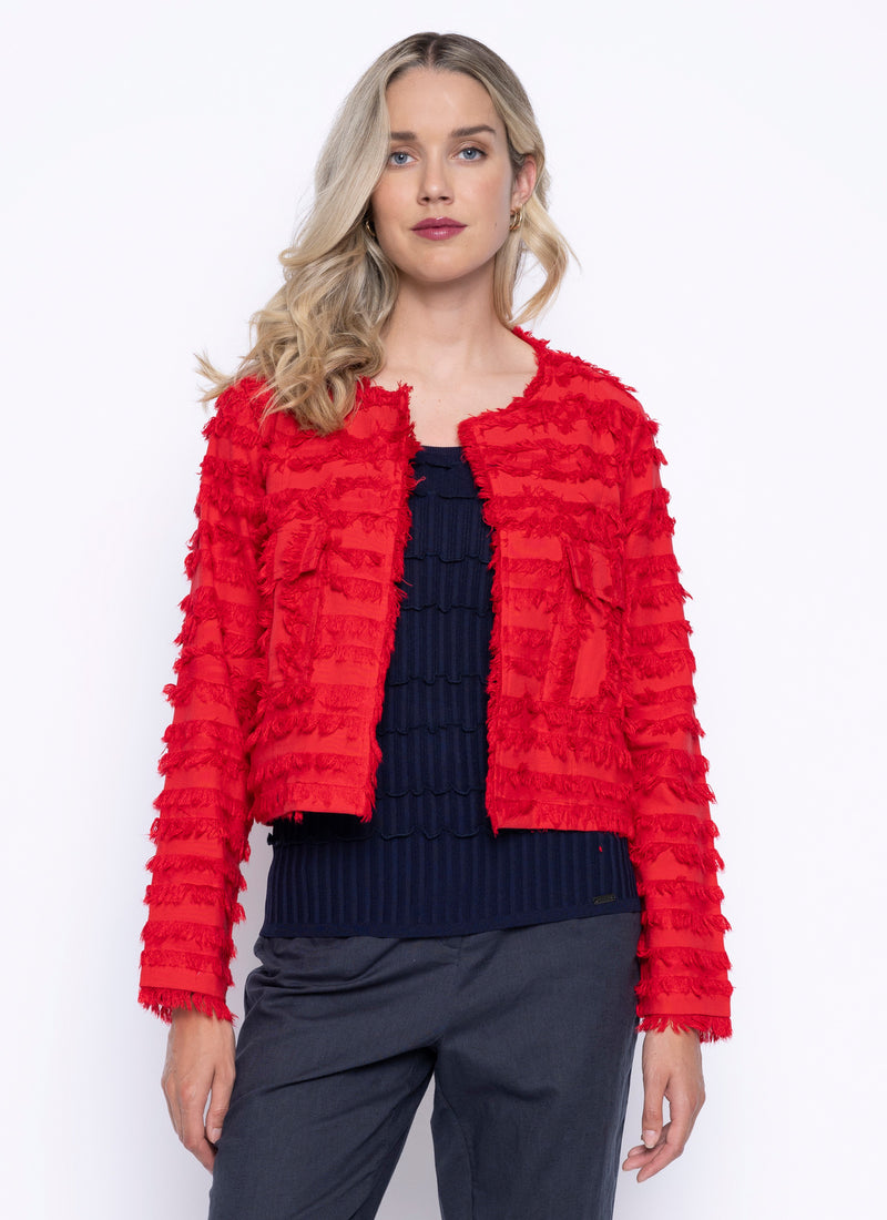 Collarless Fringed Jacket Front View