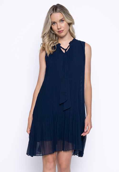 Neck Tie Pleated Mini Dress Front View