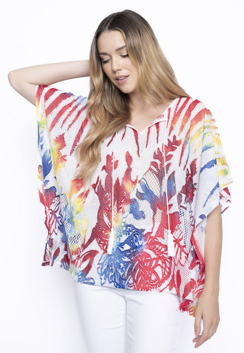 Vibrant Clipped Jacquard Poncho Style Top Front View