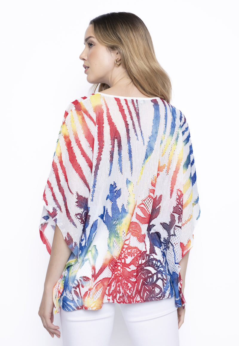 Vibrant Clipped Jacquard Poncho Style Top Back View
