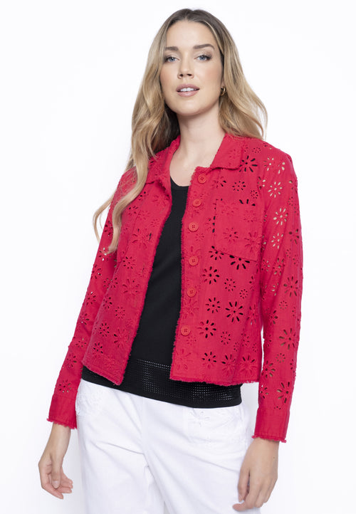 Eyelet Embellished Button-Front Jacket Front View