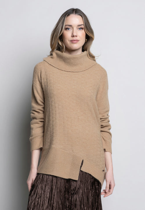 Draped Neck Asymmetrical Sweater Top Front View