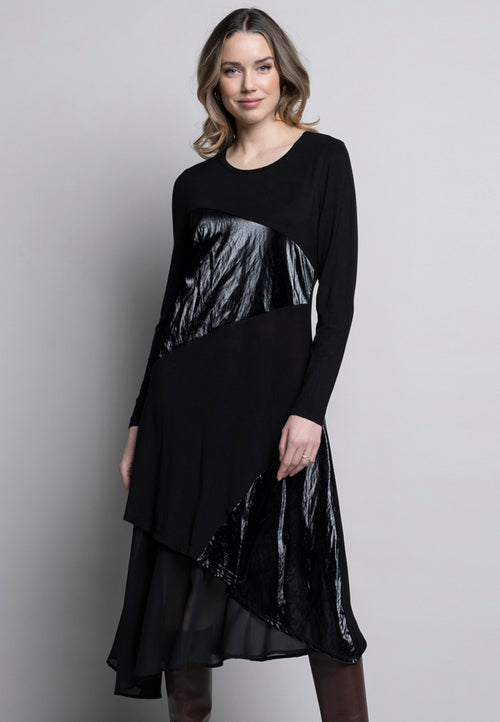 Long Sleeve Chiffon Trim Dress Front View