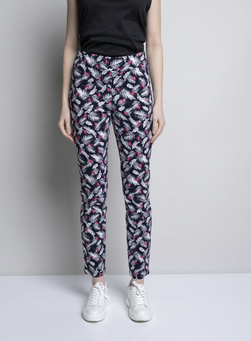 Flamingo Leaf Print Pull-on Straight Leg Pants