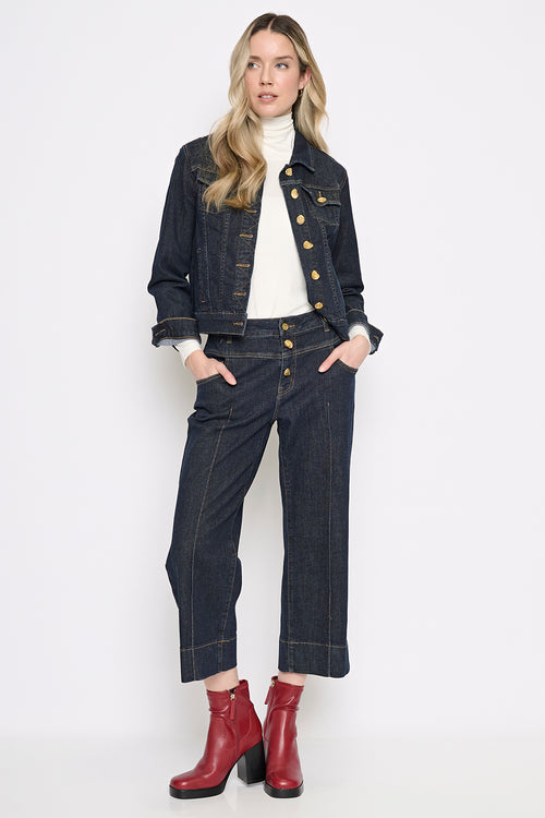 Gold Button Wide-Leg Cropped Jeans Full Length