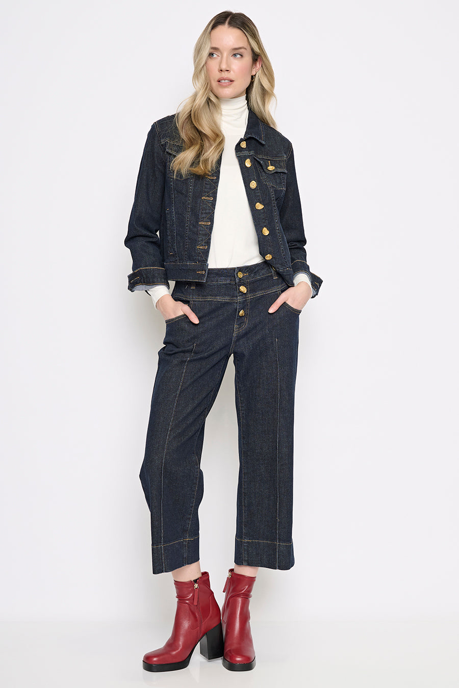 Gold Button Wide-Leg Cropped Jeans Full Length