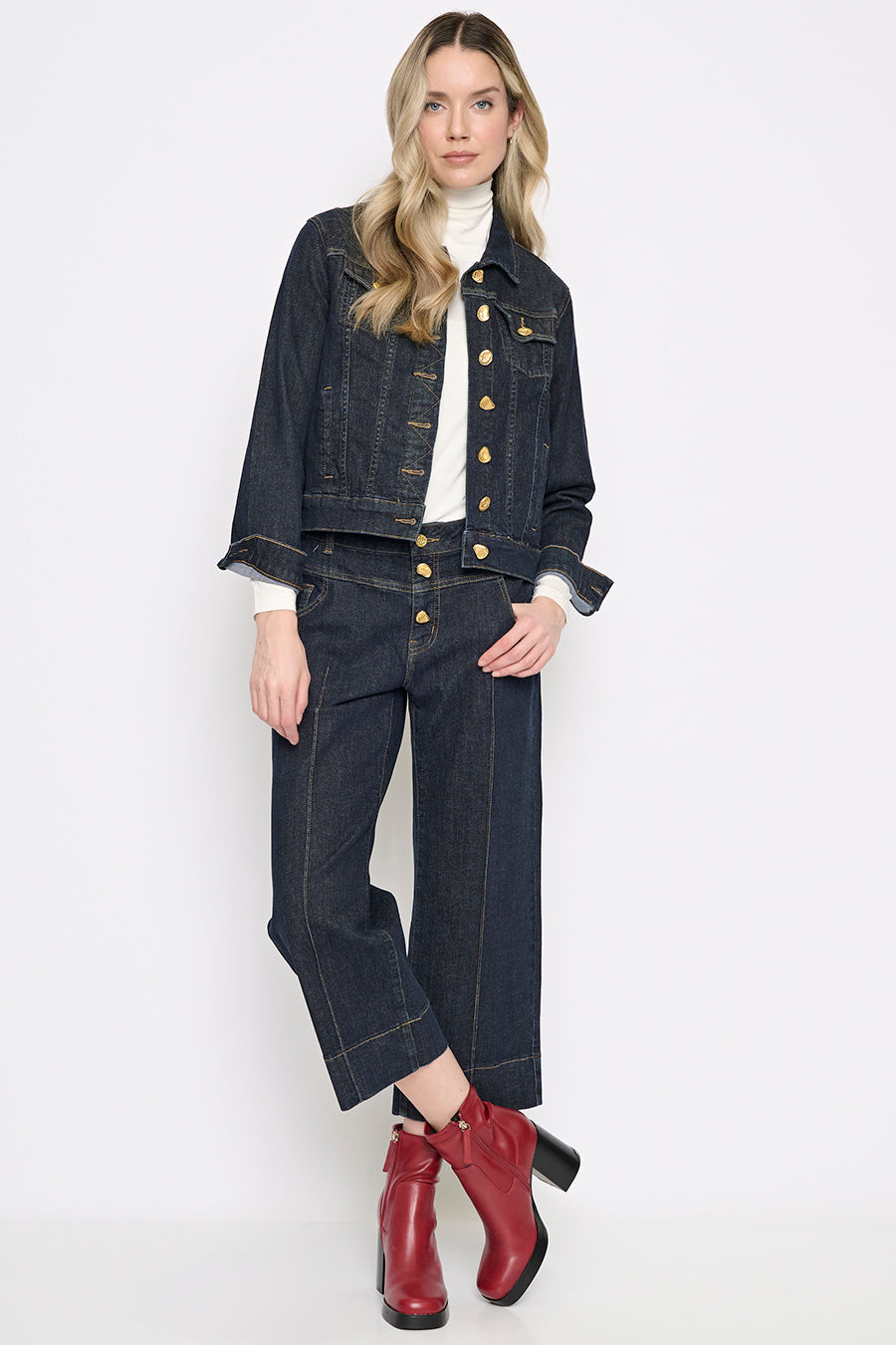 Gold Button Denim Jacket Full Length