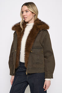 Fur-Trim Zip-Front Denim Jacket