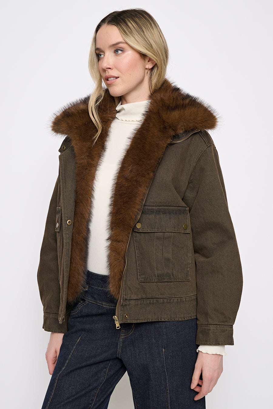 Fur-Trim Zip-Front Denim Jacket Front View