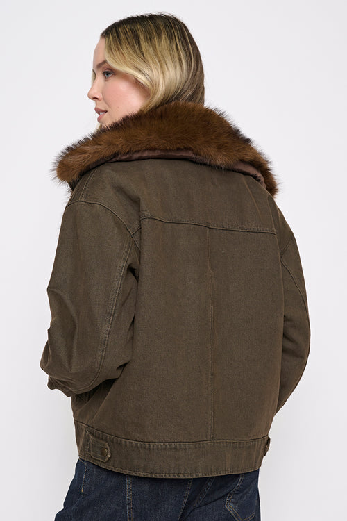 Fur-Trim Zip-Front Denim Jacket Back View