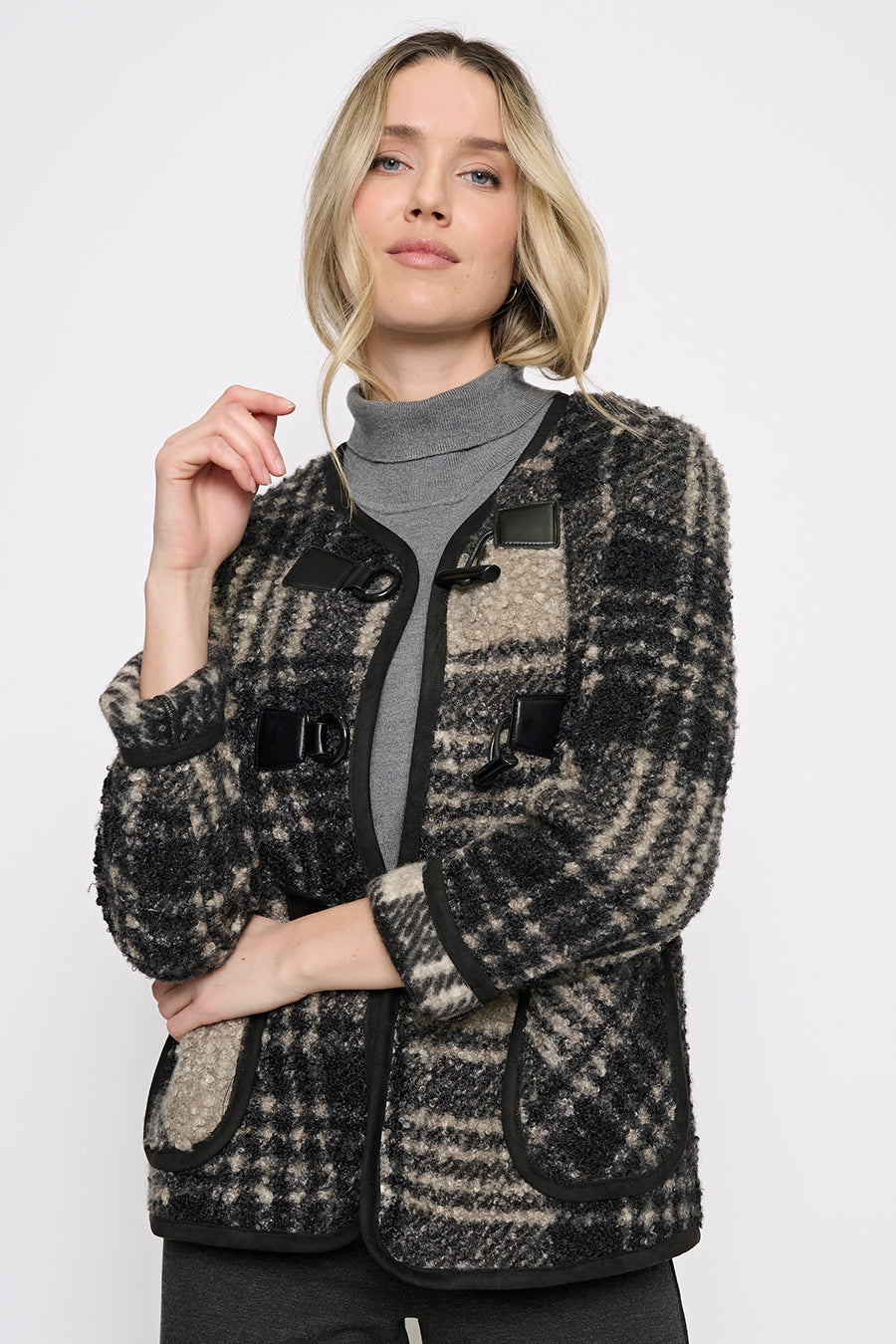 Toggle Clasp Plaid Short Jacket Front View