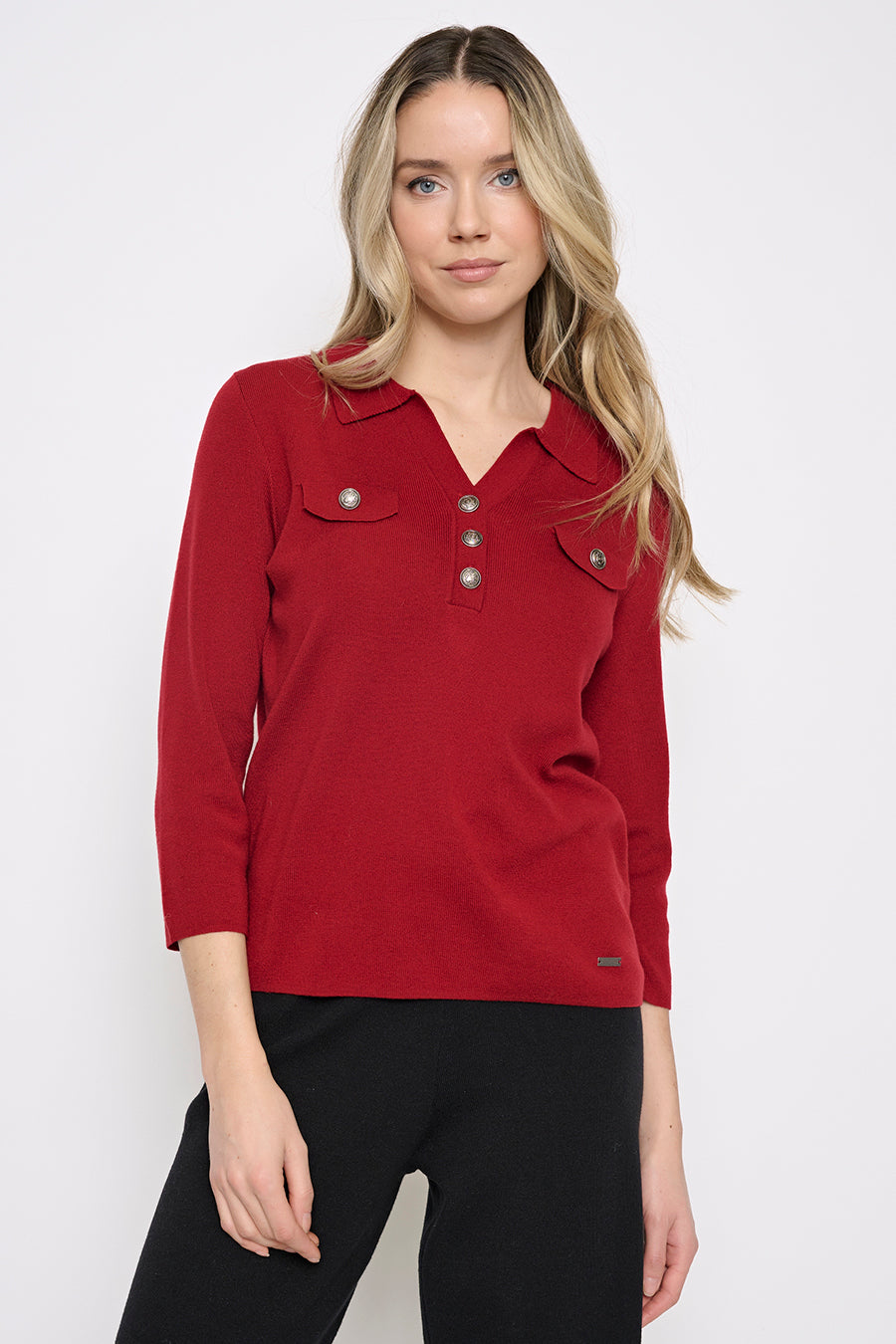 Johnny Collar Top with Metal Buttons Front View