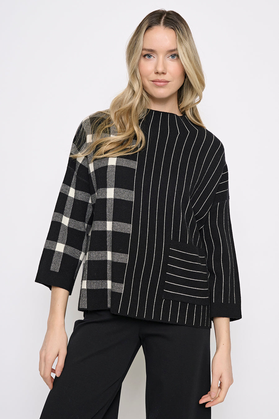 Plaid Stripe Funnel Neck Top Front View
