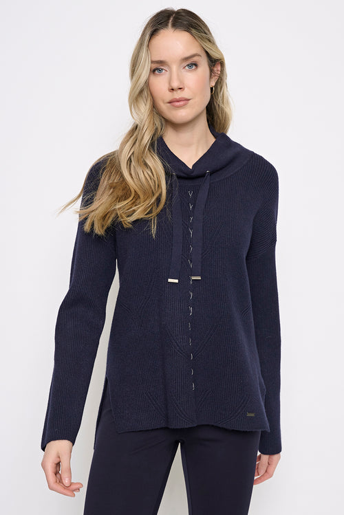 Embellished Drawstring Collar Top Front View
