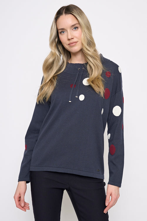 Polka Dot Drawstring Neck Top Front View