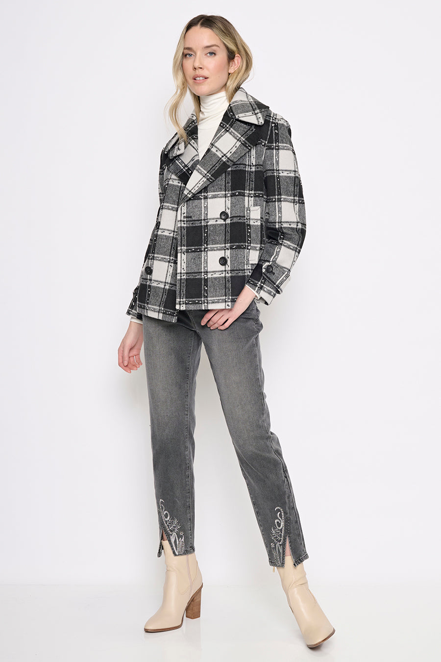 Double-Breasted Plaid Jacket Full Length