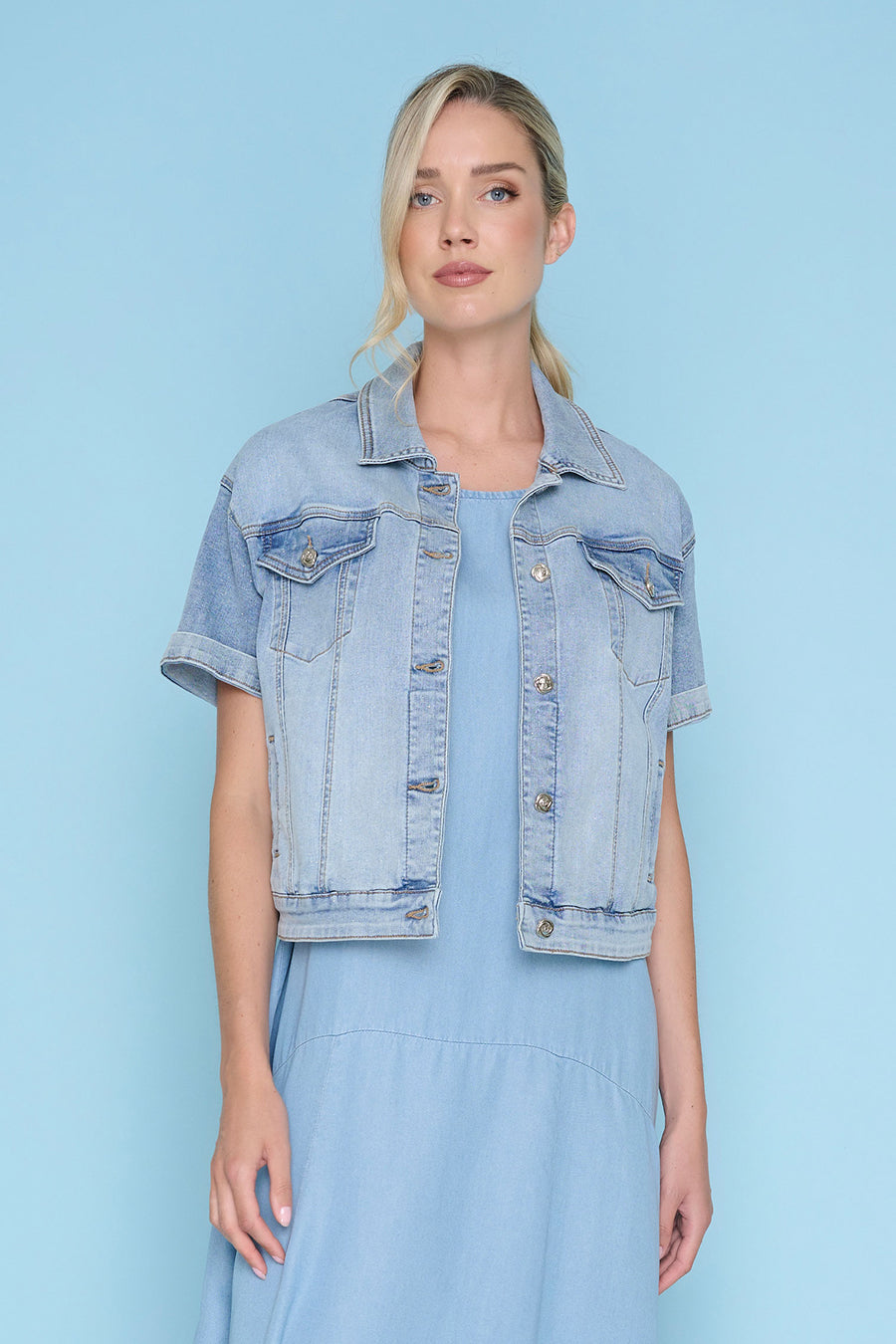 Short-Sleeve Glitter Denim Jacket